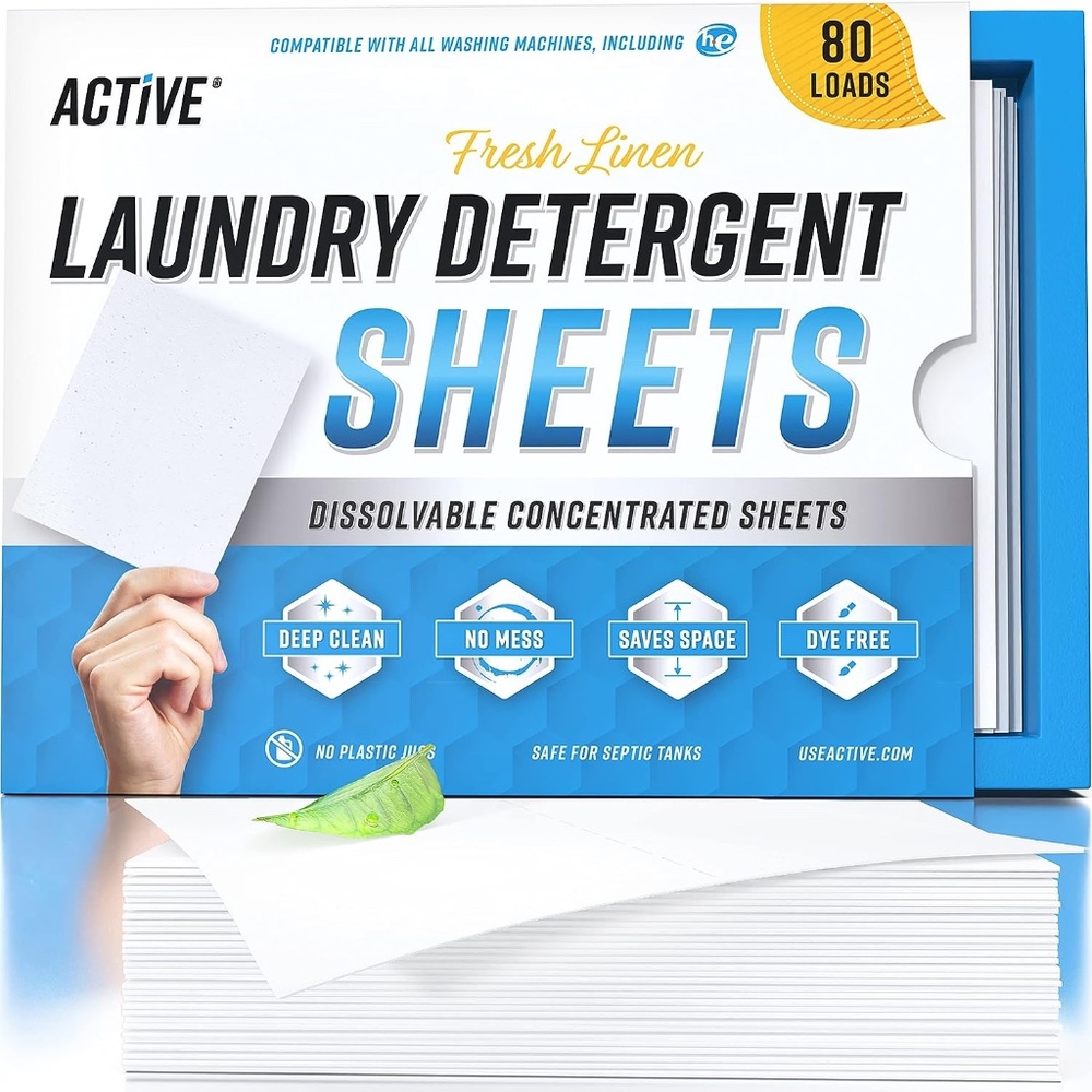 Active Laundry Detergent Sheets Eco Washing Strips - 80 Loads Fresh Linen Scent